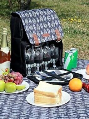 Insulated Black Patterned Picnic Wine Set Backpack with Glasses and Cutlery